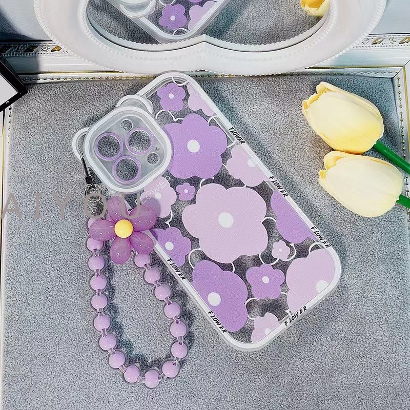 Lucu 3D Telinga Beruang Bunga Gantung Telepon Rantai Bening Soft Case Untuk iphone 14 Pro Max13 12 11 XR XS X7 8 plus SE MiNi Mewah Cover