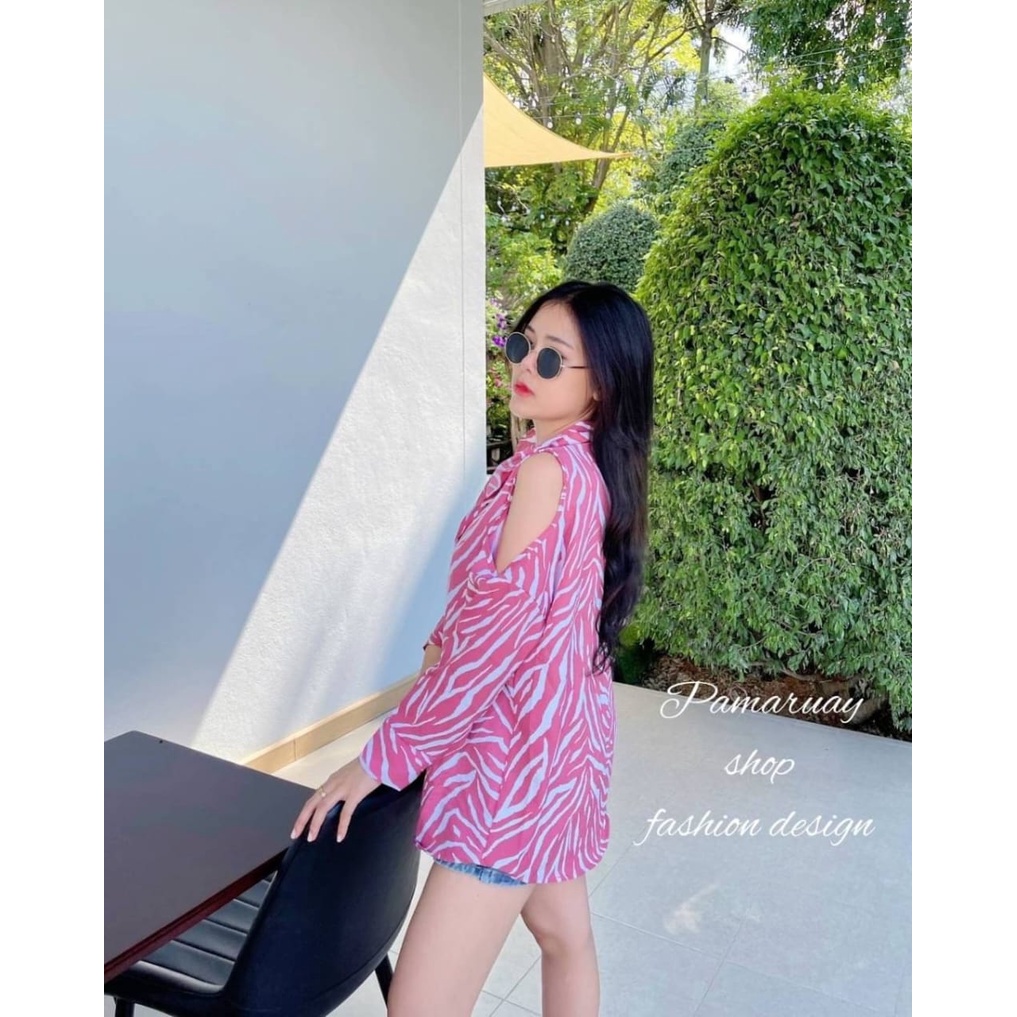 KEMEJA PAMARUAY ZEBRA BAHU BOLONG FASHION WANITA IMPORT BANGKOK CODE P 11