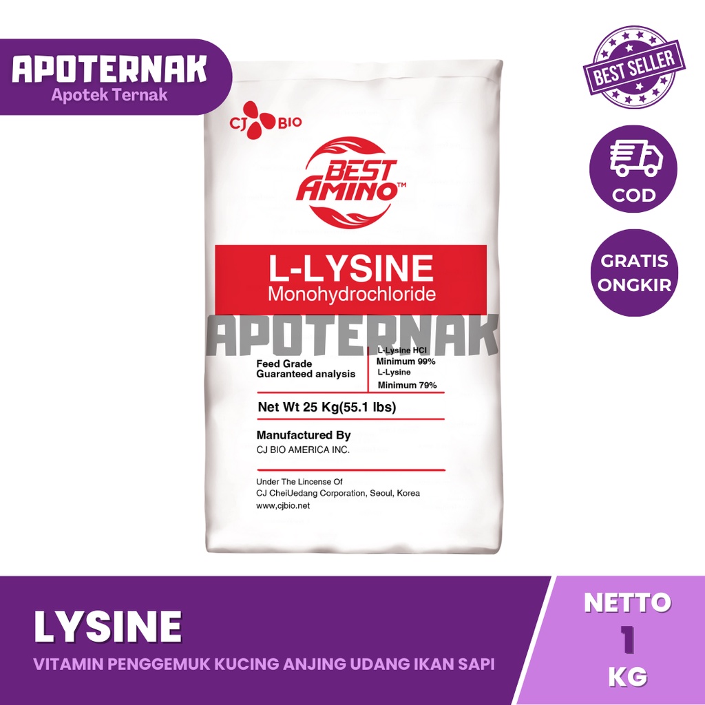 LYSINE 1 Kg 500gr 250 gr LISIN LYSIN LISINE LEUSIN SUPLEMEN VITAMIN PENGGEMUK KUCING ANJING UDANG IKAN SAPI L-LYSINE Monohydrochloride