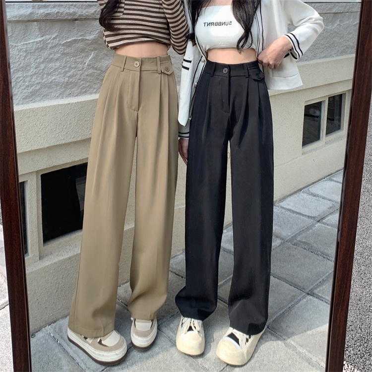 Khaki / Hitam Highwaist Kasual Loose Celana Panjang Wanitan / Celana Setelan Korea Style