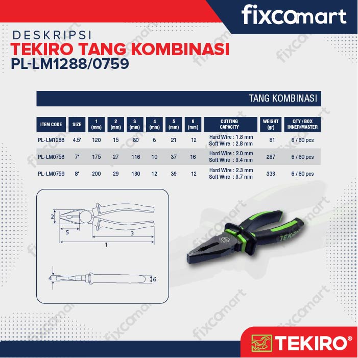 TEKIRO TANG KOMBINASI / LANCIP / POTONG LINESMAN / LONG NOSE /  DIAGONAL PLIERS