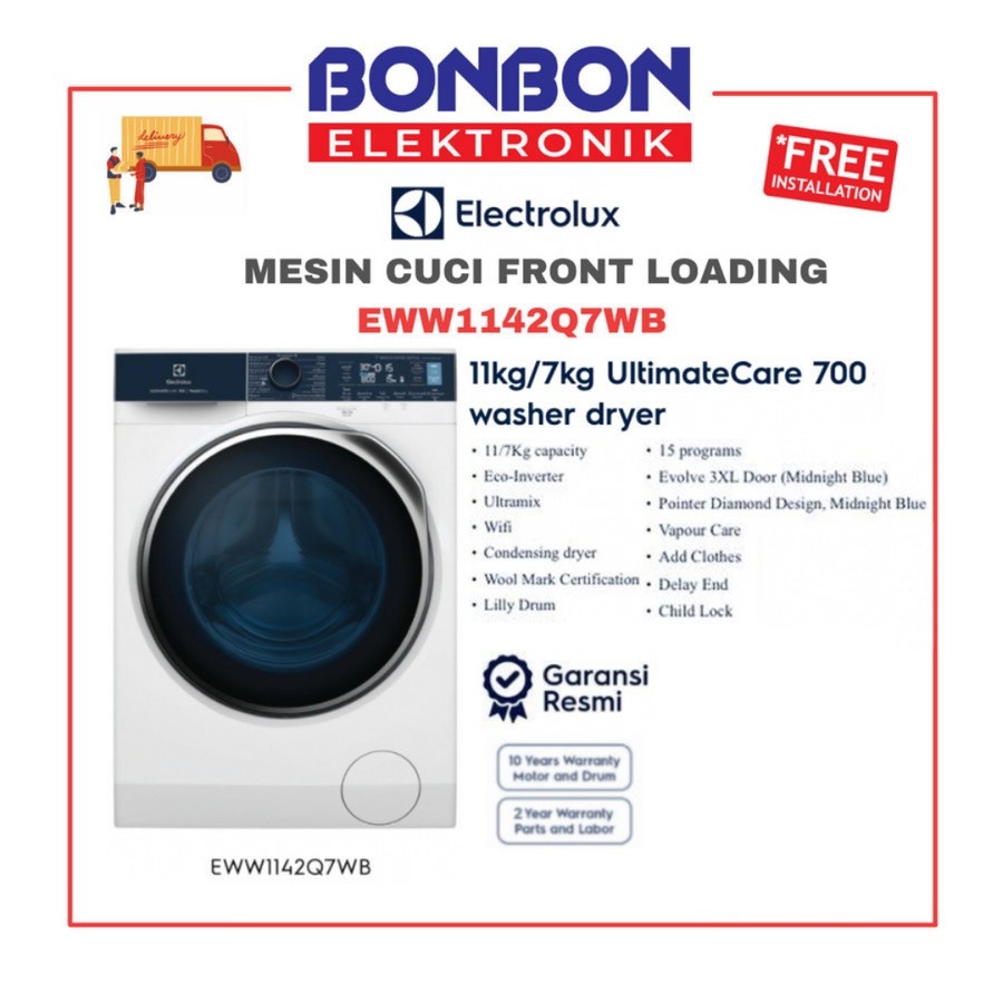 Electrolux Mesin Cuci Front Loading 11KG Washer/7KG Dryer EWW1142Q7WB / EWW 1142 Q7WB / EWW 1142Q7WB