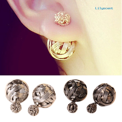 [LS] Perhiasan Fashion Wanita Dua Sisi Dua Bola Berlapis Emas Berongga Studs Earrings