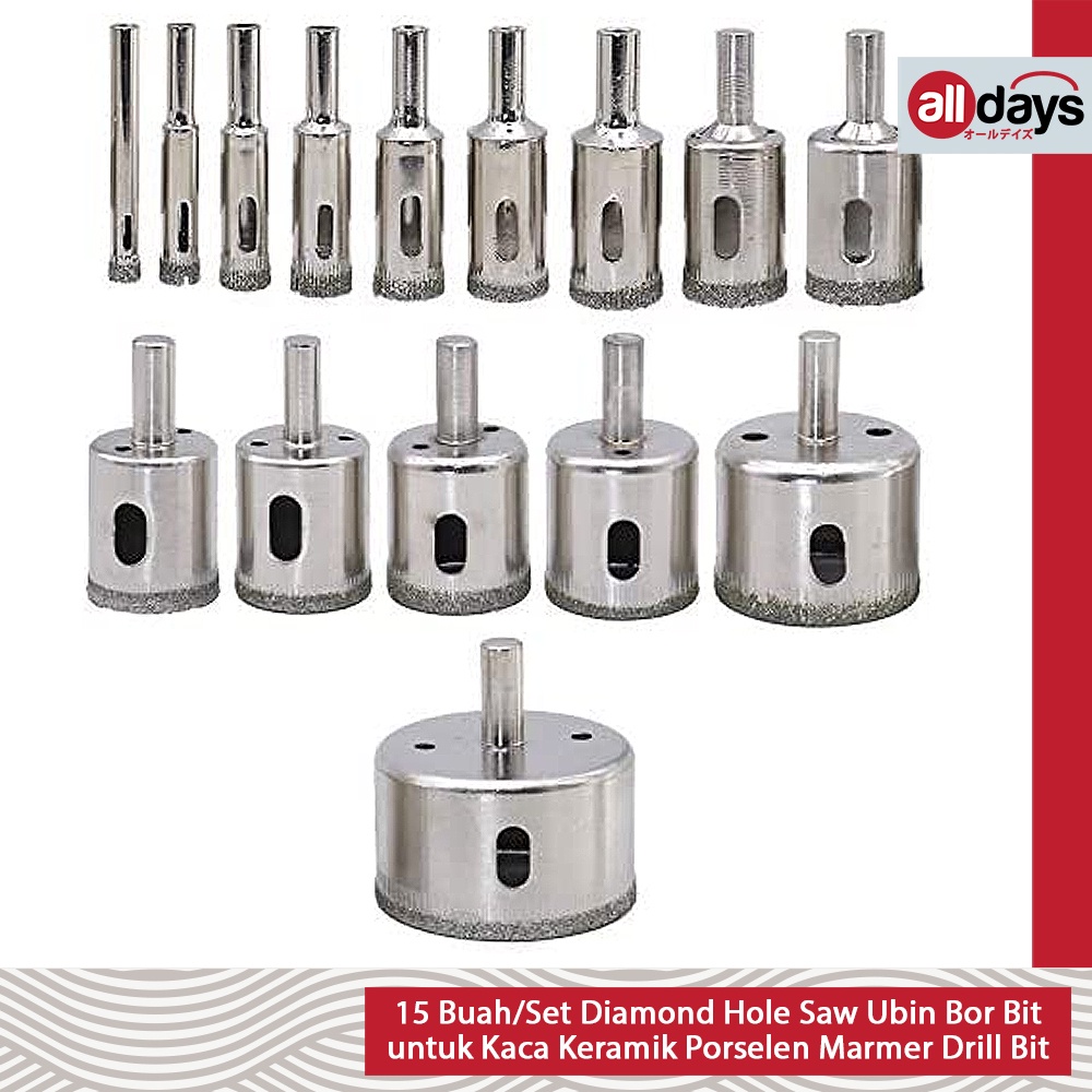 Alldays 15pcs/Set Gergaji Lubang dapat disesuaikan / Diamond Hole Drill Bit Set Glass, Ceramic, Tile, Saw, Cutting