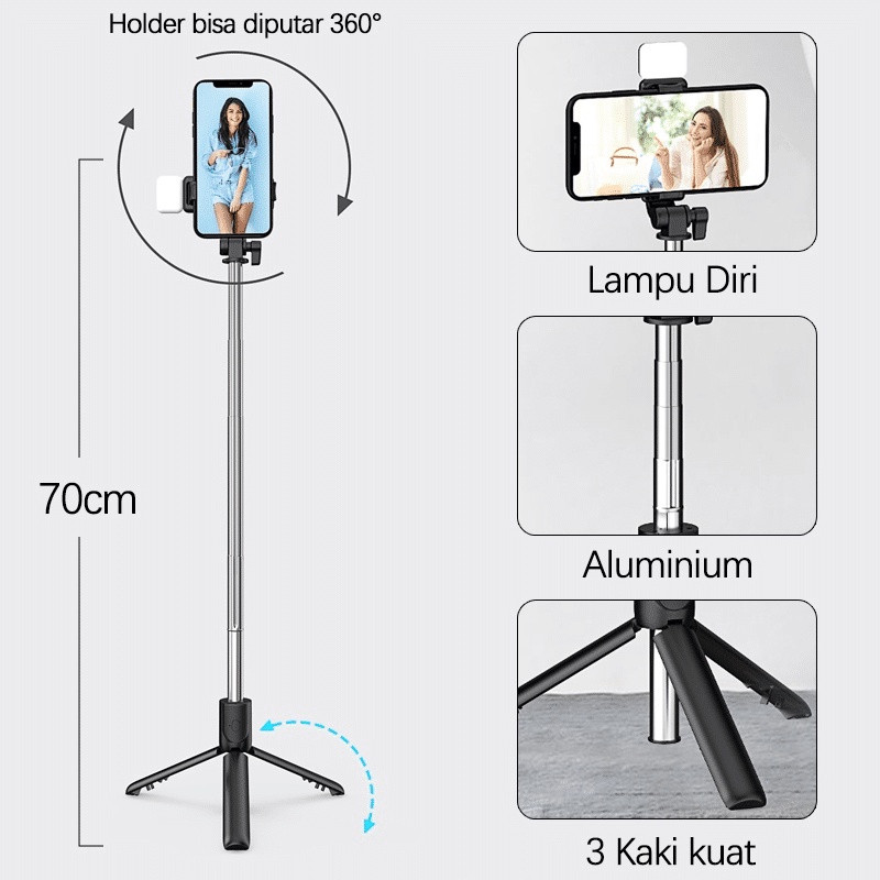 ANG TONGSIS R1S Tripod BLUETOOTH remote control LED FLASH selfi stick tongkat tomsis macaron