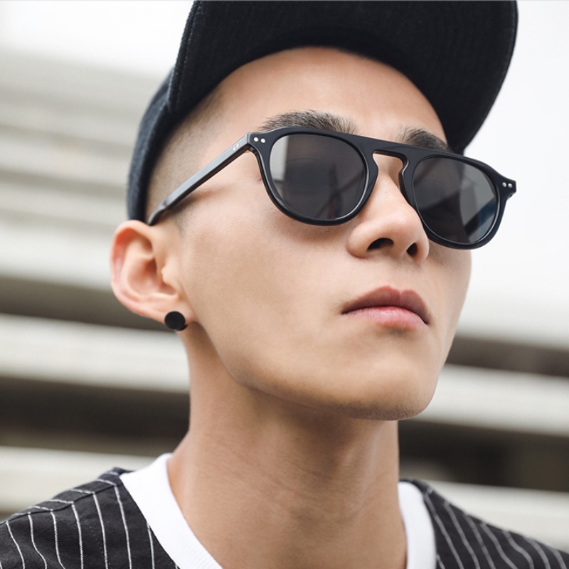 Papaozhu Keren Hitam Bingkai Bulat Aviator Kacamata Hitam Untuk Pria Wanita Retro UV400 Eyewear Eyeglasses Aesthetic Shades Trendy Sunnies Glasses