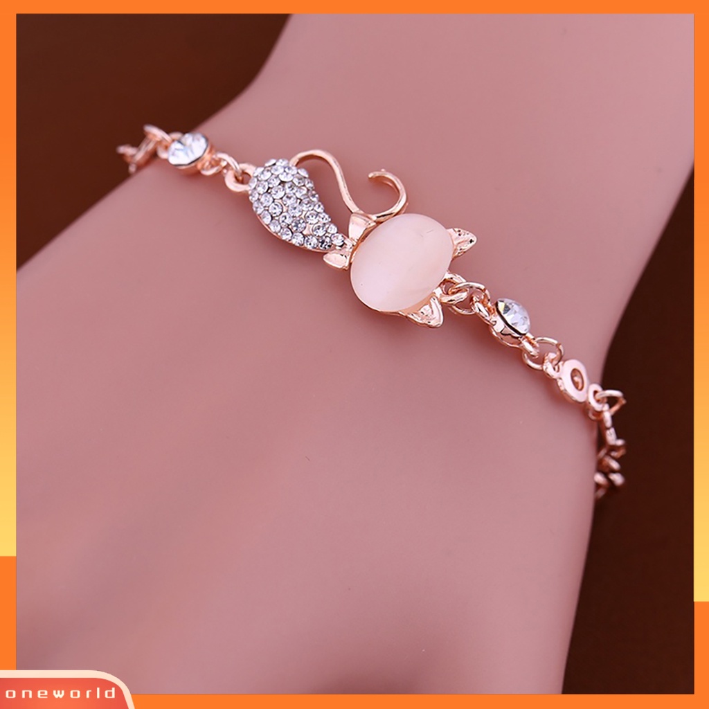 {oneworld} Perhiasan Rantai Gelang Bangle Berlian Imitasi Wanita Ladies Lovely Cat Pendant Opal Untuk Kehidupan Sehari-Hari