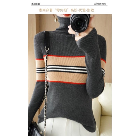 Sweater Turtleneck Rajut Wanita Strip Terbaru