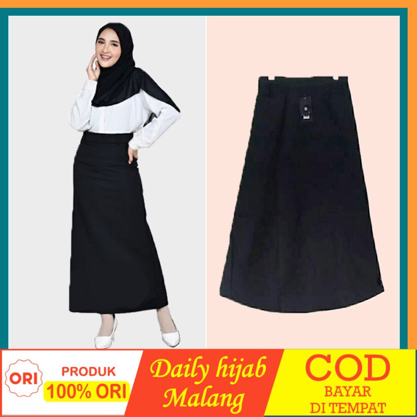 Rok wanita A line Rok panjang polos Line A bahan scuba