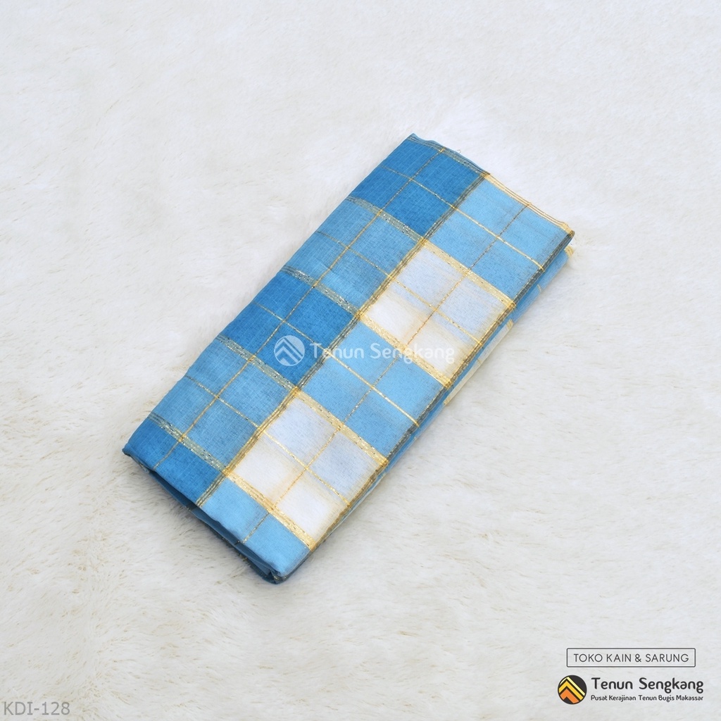 Sarung Bugis Kotak Kadei Asli Sutra Makassar Biru Muda Putih - Tenun Sengkang KDI-128 (Harga per Pcs