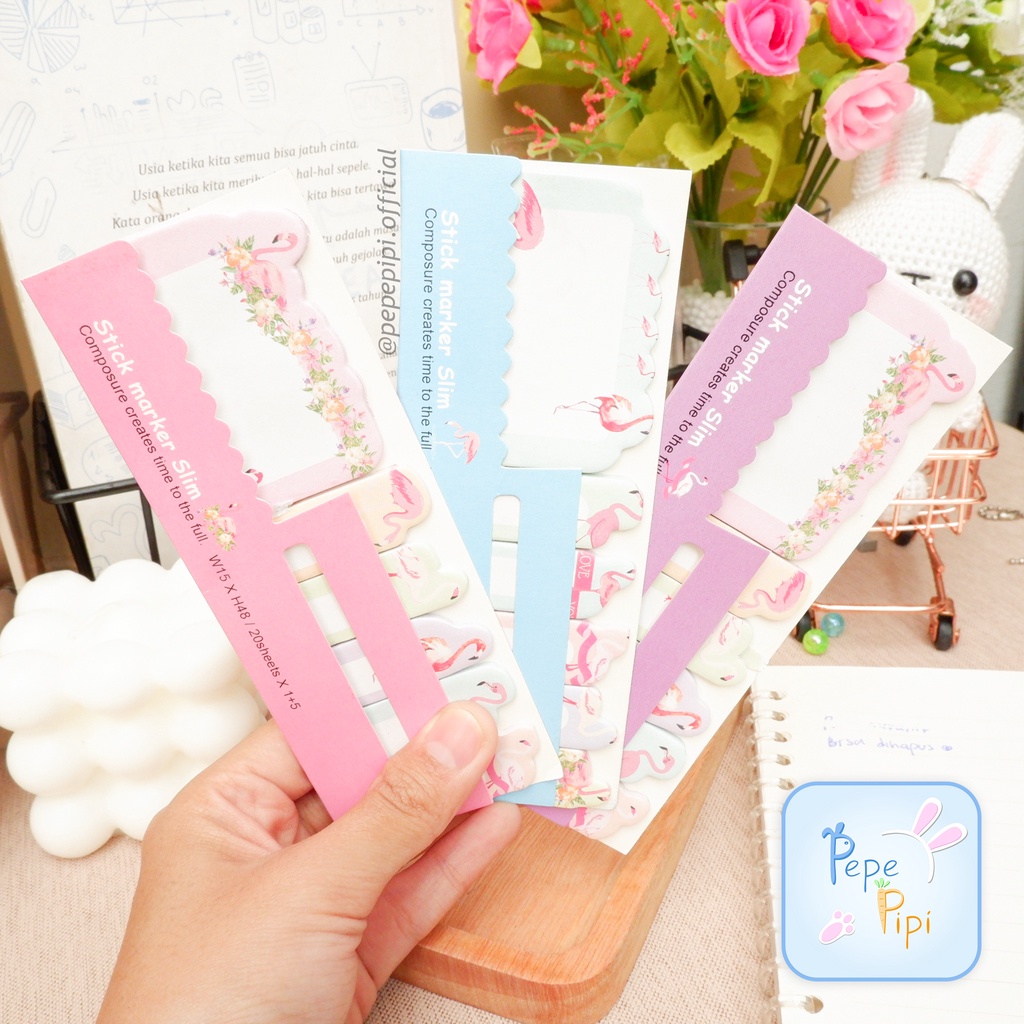 Sticky Notes Kotak + Strip Flamingo Sticky Note Kotak Strip Pembatas Buku Halaman Penanda Note Flaminggo