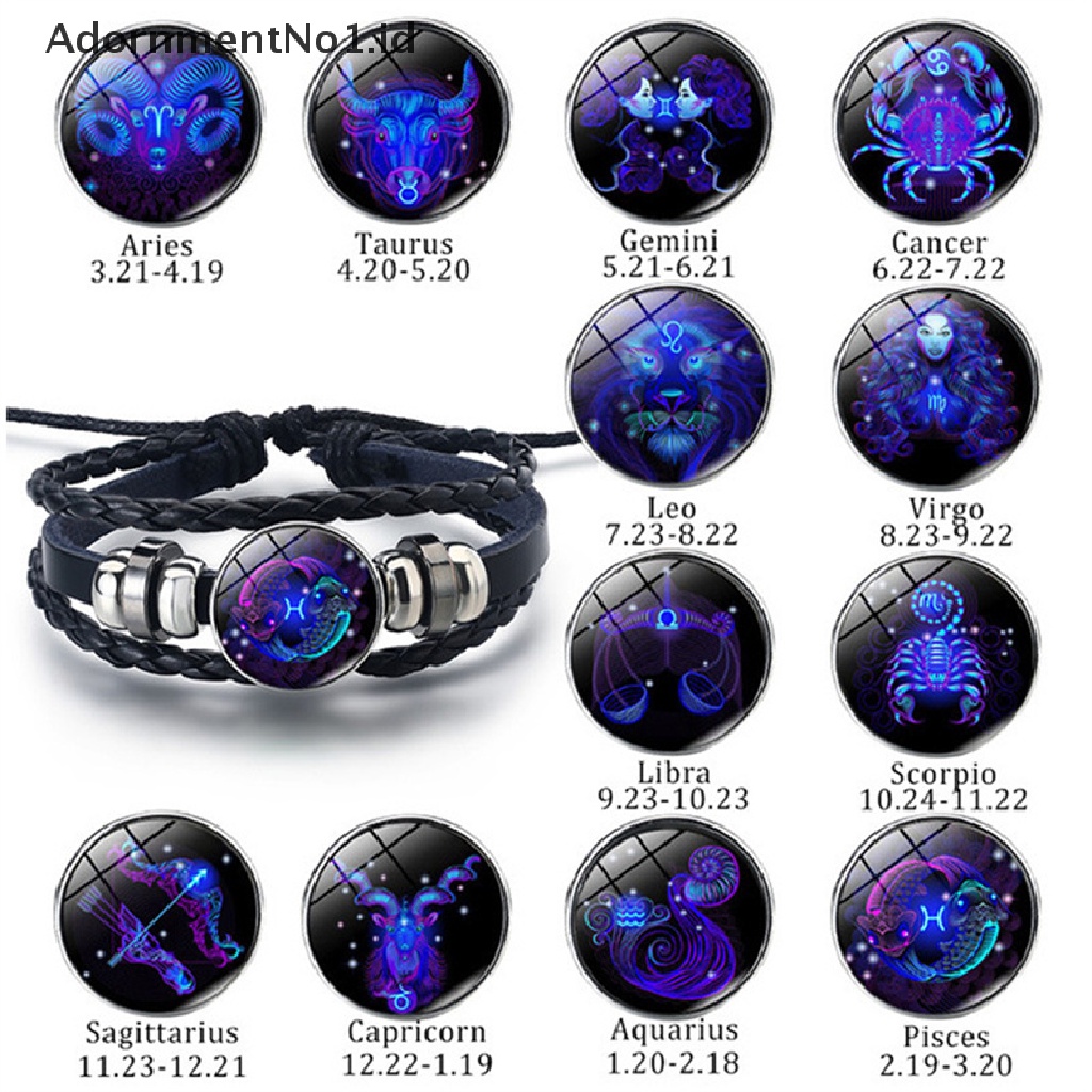 [AdornmentNo1] 12rasi Zodiak Tanda Hitam Dikepang Gelang Kulit Kanker Leo Virgo Libra Anyaman Kubah Kaca Perhiasan Punk Pria Gelang [ID]