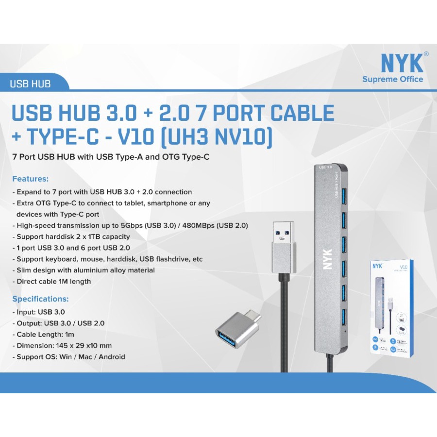 NYK V10 USB HUB 7 PORT USB 3.0 + 2.0 1 METER CABLE Panjang Kabel 1M