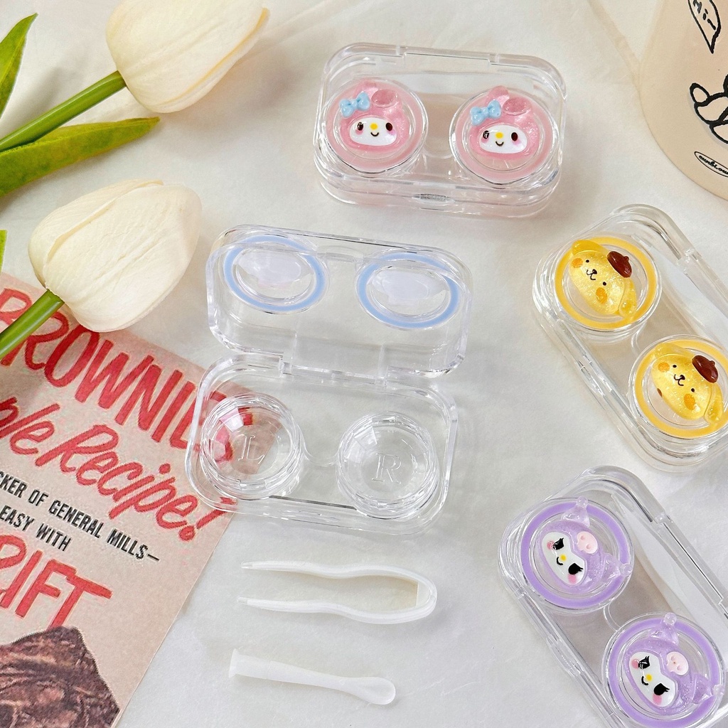 Wadah Kotak Penyimpanan Kontak Lens / Mini Softlens Case / Tempat Softlens Set Premium Minimalis dengan Kaca Cermin Jepit Softlens Lensa Kontak Berkualitas Lucu Model Beruang Portable Travel Kit