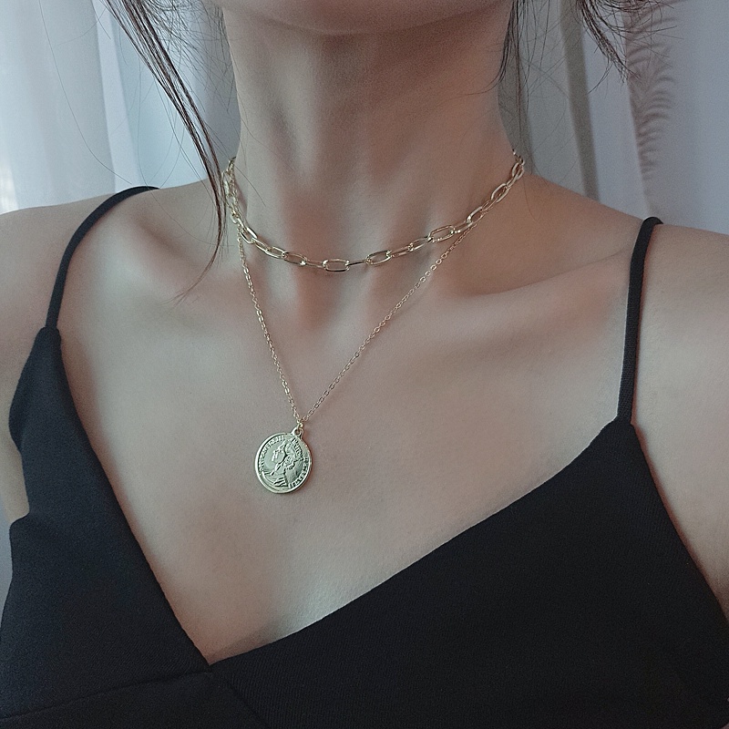 Roselife Chic Double Layer Queen Portrait Pendant Kalung Untuk Wanita Vintage Perak Link Rantai Choker Koin Pesona Kalung Perhiasan Hadiah