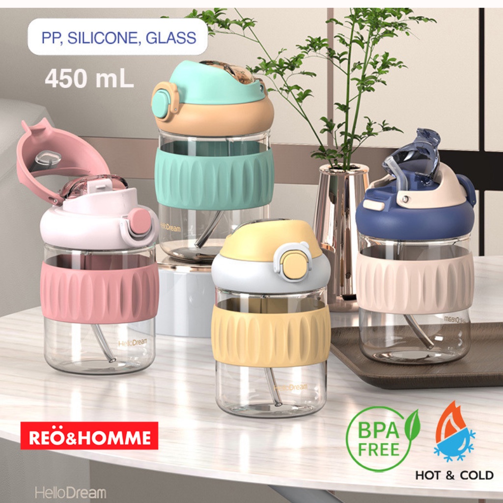 Reo&Homme Botol Minum Kaca Dengan Sedotan & Silikon Mug Gelas Kopi 450 ML Borosilicate Glass Bottle 