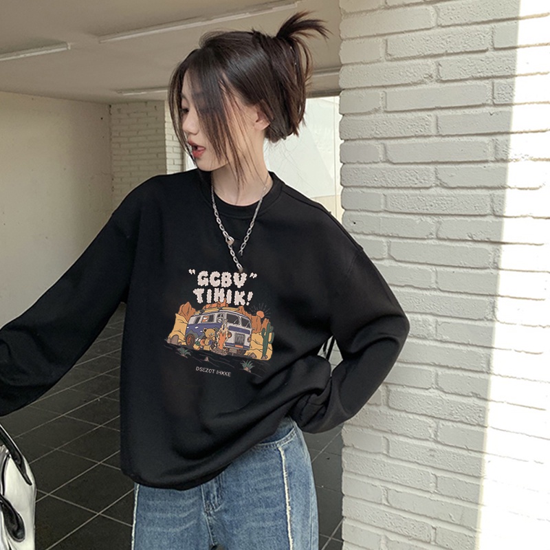 Kaos Stasan Wanita Oversize Couple Sweater American Vintage Cartoon Graphic Priting Top Kekinian Casual Sweater/baju kaos polos