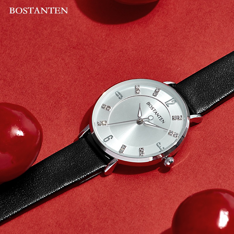 Bostanten Jam Tangan Kulit Fashion untuk Wanita Jam Tangan Dial Permata Kuarsa (Kotak Gratis * 1)