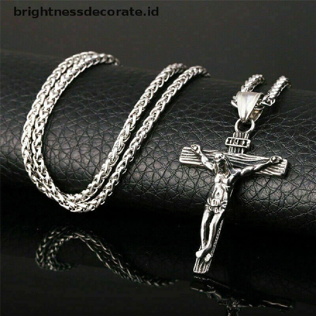 [Birth] Mens Silver Stainless Steel Rantai Kalung Liontin Salib Yesus Kristus Salib [ID]