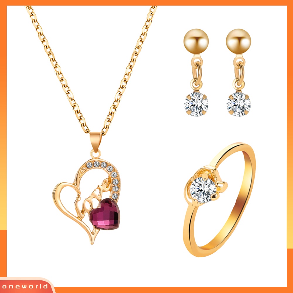 [oneworld] Cinta Hati Liontin Kalung Berlian Imitasi Hias Anting Cincin Wanita Set Perhiasan