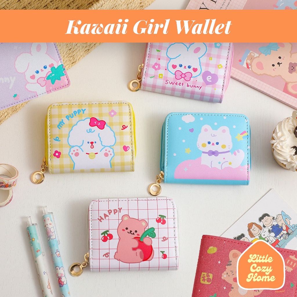 Kawaii Girl Leather Wallet / Dompet Kulit PU Wanita Import Lipat Resleting Anak Cewek Perempuan Remaja Photo Card Holder Case Ala Korea Motif Karakter Pastel Accessories