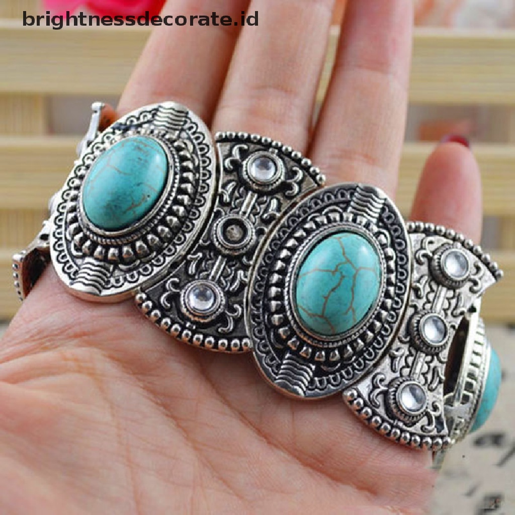 [Birth] Stylish Boho Womens Retro Vintage Natural Turquoise Tibet Perak Gelang Cuff [ID]