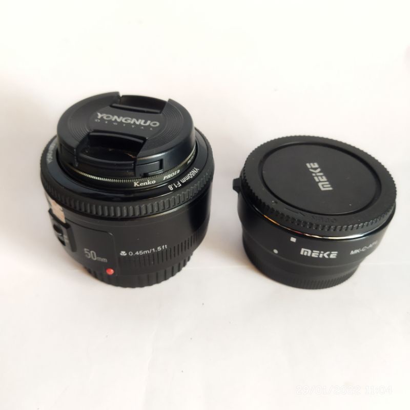 Lensa Fix YONGNUO 50mm plus Adaptor AF untuk Canon M10 M100 M3 siap pakai