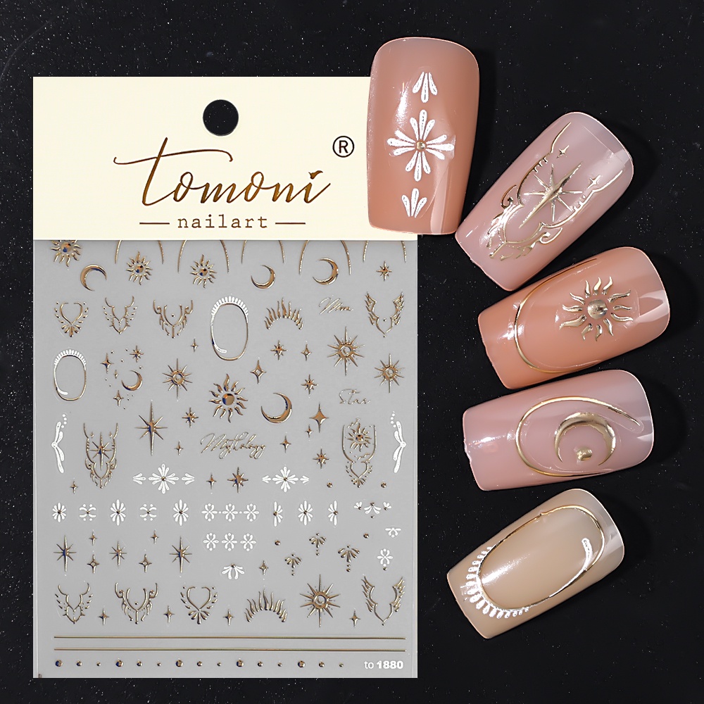 Stiker Desain Kuku Totem Bintang Bulan Matahari Emas Dan Perak/Perekat Diri Lembut Relief Nail Art Dekorasi