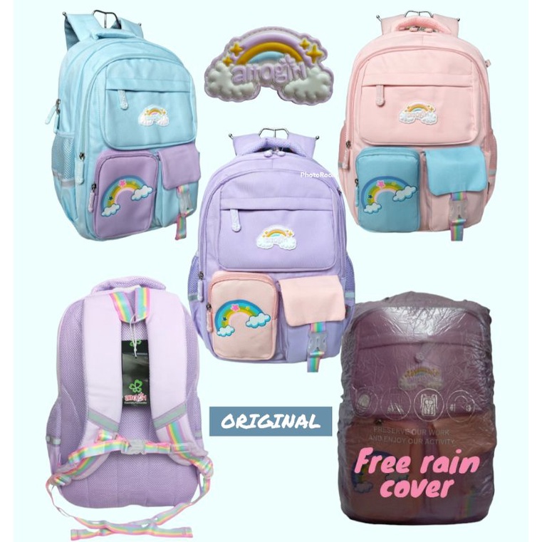 Tas ransel backpack anak perempuan alto girl pelangi - rainbow  free rain cover