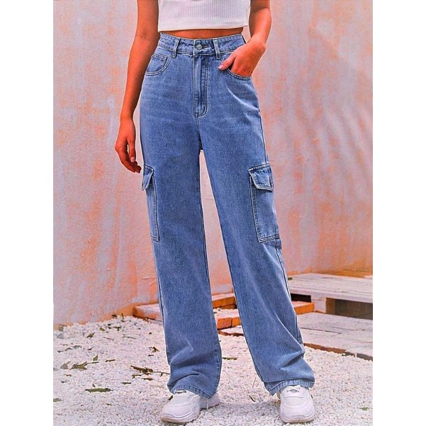 Cargo Jeans Tebal 13Os Highwaist Wanita Korean Style Big Size 27-42