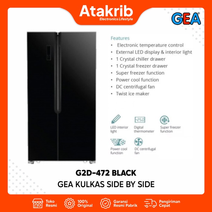GEA KULKAS SIDE BY SIDE G2D-472 BLACK / G2D472 472 L