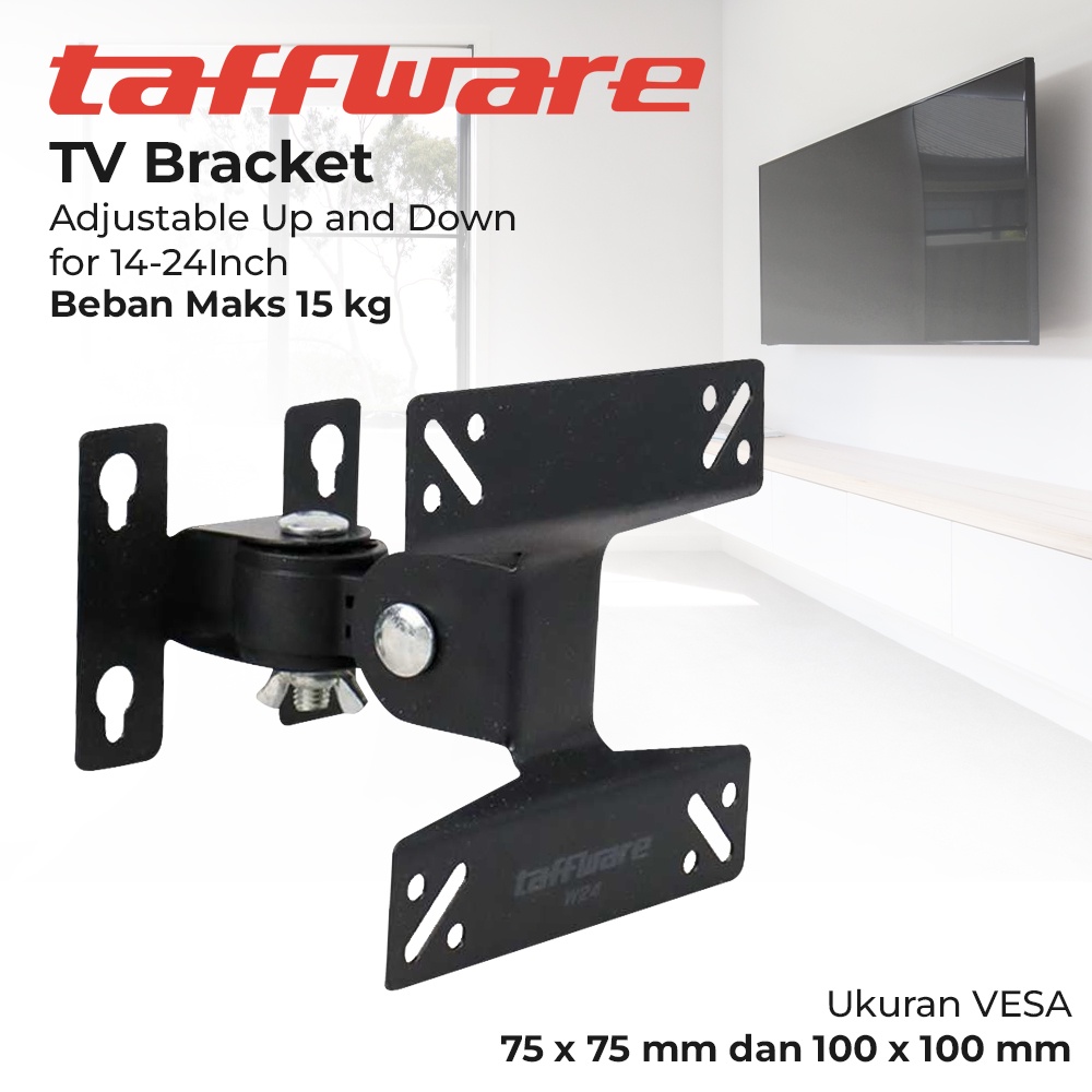 Taffware TV Bracket Adjustable Up and Down 1.3mm Thick 100 x 100 Pitch for 14-24 Inch TV - W24 - Black