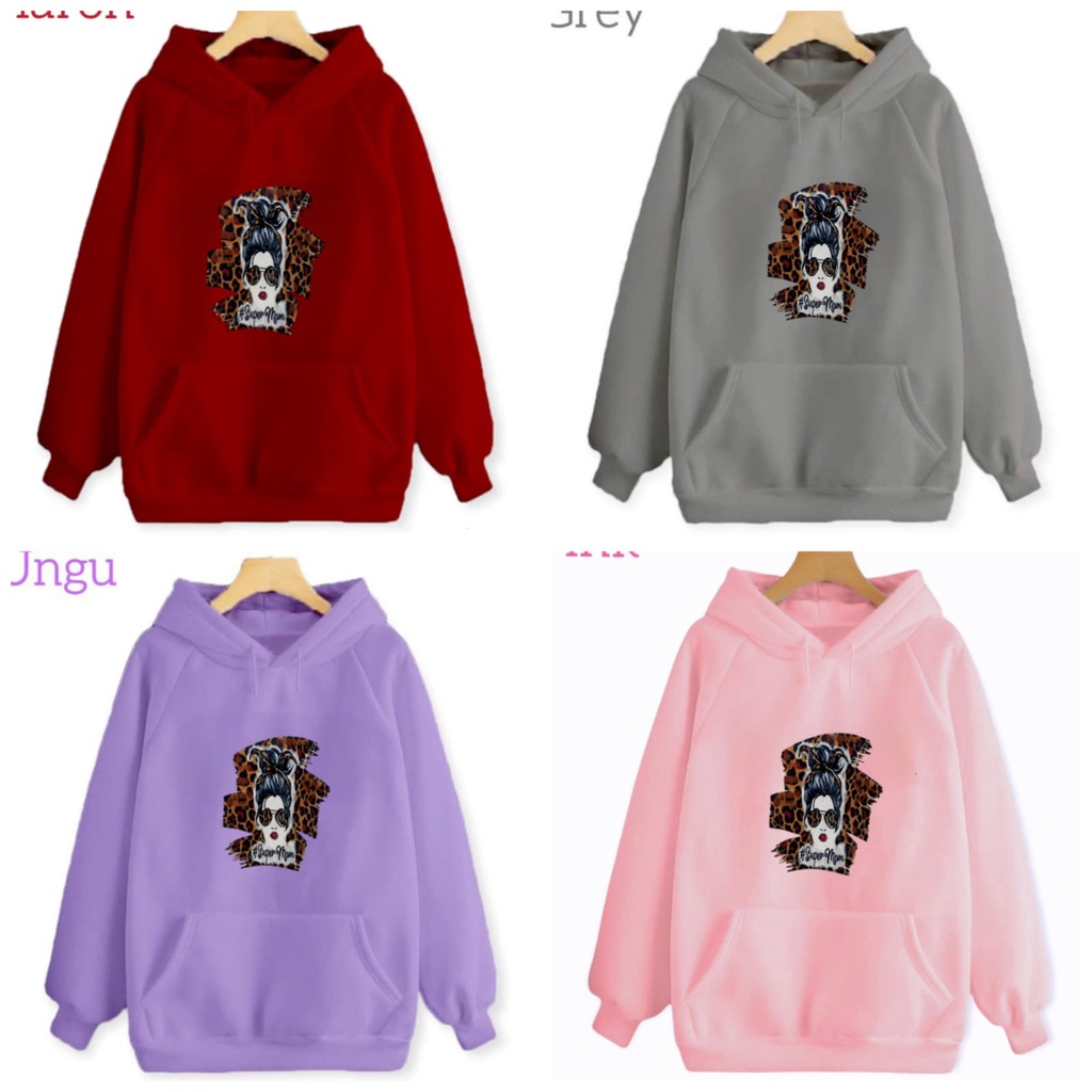 Hzl_outfit Sweater Hoodie Super Mom Bunda Anak Perempuan (S.M.L.XL)