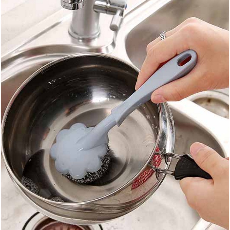 Plum Ball Cleaning Brush with Handle/Sikat Kawat Bola Stainless Steel Gagang Panjang Suspensi/Sikat Panci Cuci Piring &amp; Peralatan Makan/Alat Pembersih Dalam Wastafel Dapur