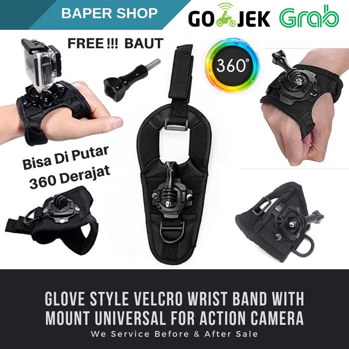 Str Glove Style Velcro Wrist Band With Mount 360 Derajat For Action Camera