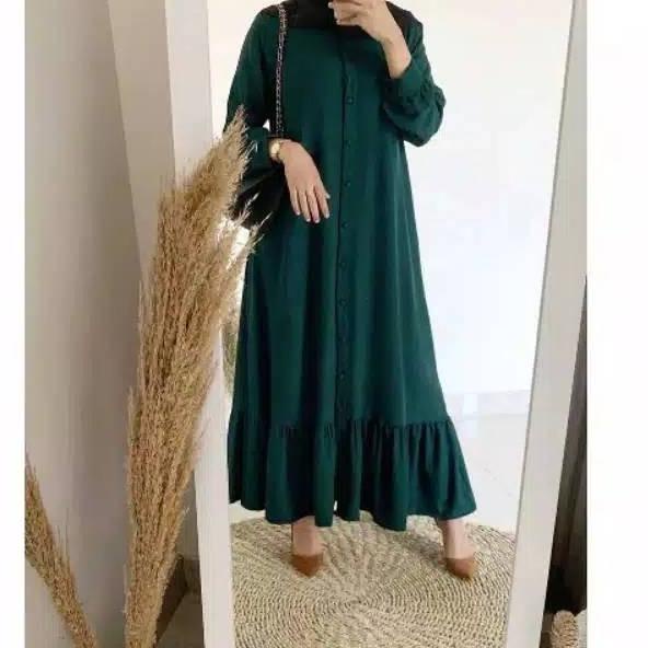 Gamis Polos Menyusui  Modern Ukuran Jumbo XXL LD 120 Warna Hijau Botol Full Kancing Pakaian Terpopul