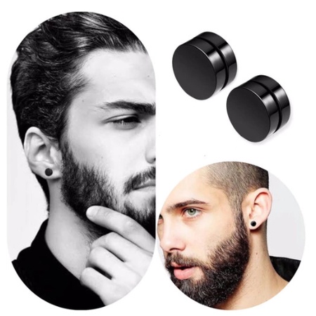 Anting Magnet (Sepasang Kiri dan Kanan) Anting Maghnet Titanium Anti Karat Pria Silver &amp; black Hitam