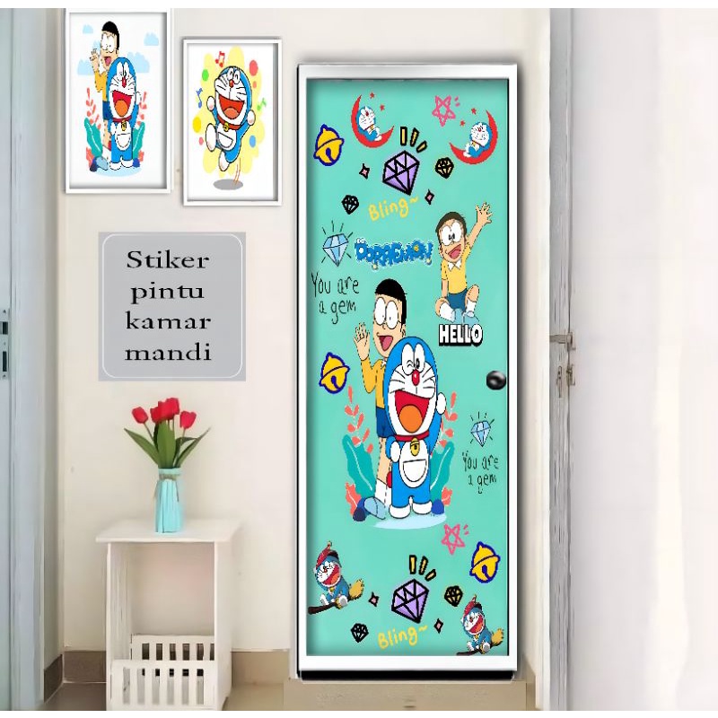 Stiker pintu kamar mandi motif doraemon background hijau tosca.