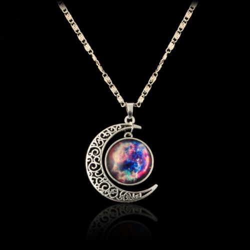 Galaxy Magic Hollow Moon Star Glass Cabochon Pendant Necklace Perhiasan Kalung Rantai Moonstone Untuk Hadiah