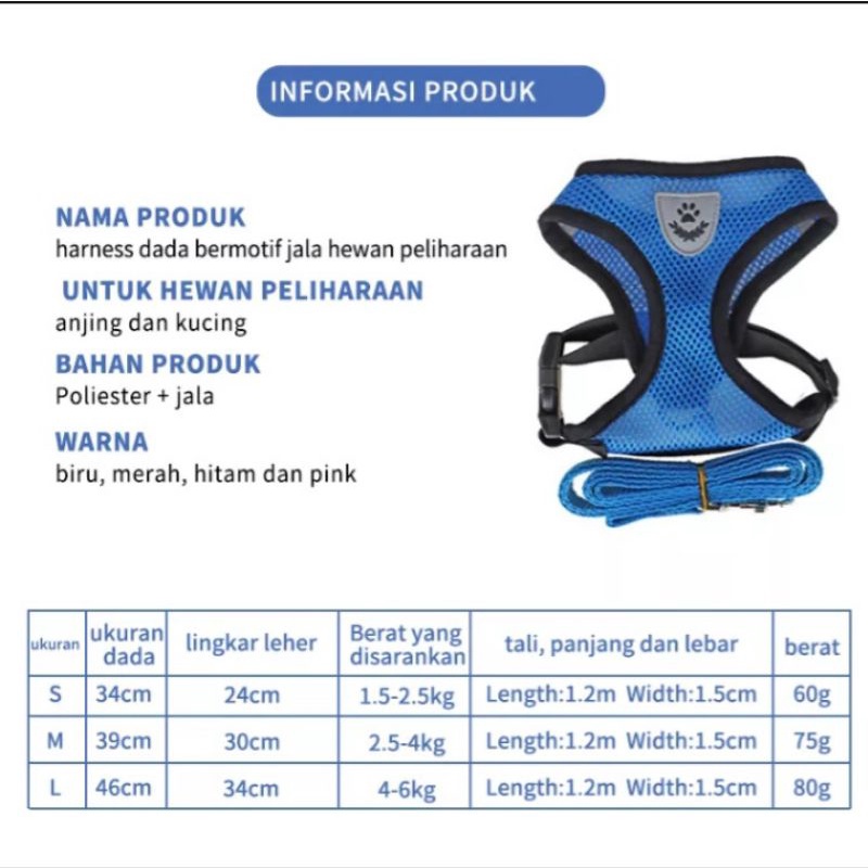 Rompi Kucing Jaring Pet Harness Anjing/Kucing Reflektif Bersirkulasi