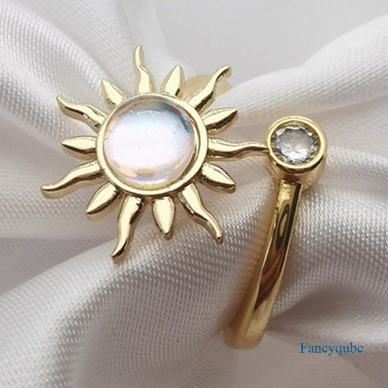 Wanita Bunga Matahari Spinner Cincin Terbuka Dapat Disesuaikan Fidget Rings Untuk Kecemasan Menghilangkan Stress Cubic Zirconia Bunga Bulan Bintang Stackable Rings Fidget Jewelry Women Girl