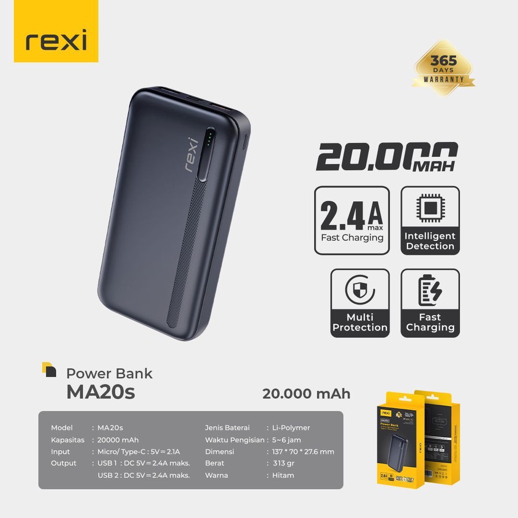 Powerbank  rexi 20.000mAh Type C+Micro Input & dual USB Output MA20s hitam