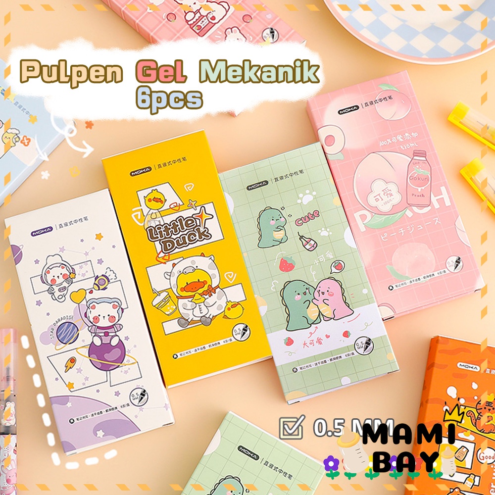 Mamibayi Pulpen gel karakter/Pulpen gel mekanik lucu/Pulpen aesthetic korea 1 SET/6 PCS