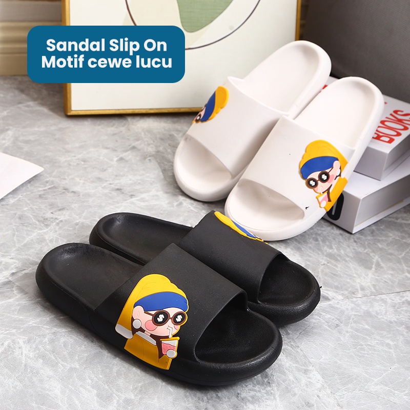 Mainland Sandal Slip On Wanita Model Cewek Lucu Sendal Rumahan Comfy Kekinian Anti Slip HSN142