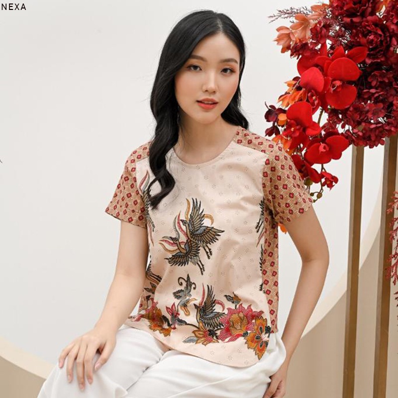 Evercloth Nexa Atasan Batik Wanita Lengan Pendek Blouse Wanita Atasan Wanita Blouse Batik