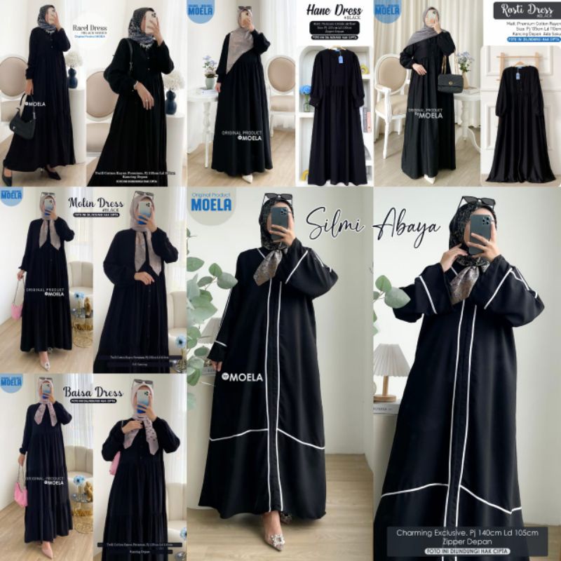 Gamis-midi dress polos serba hitam/black bahan twill rayon crincle airflow LD 100-120 MOELA - Hane T