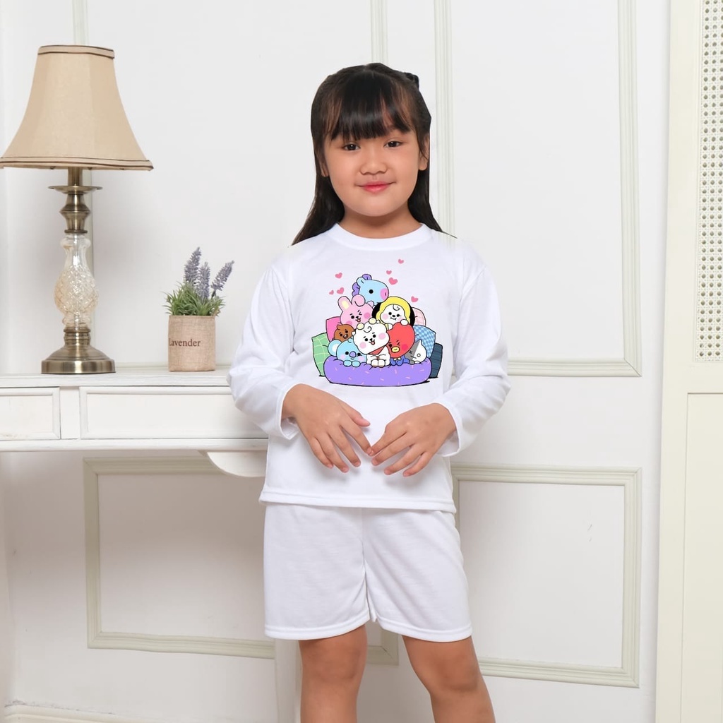 Hzl_outfit satu set baju anak perempuan lengan panjang motif team bt21 love (COD)