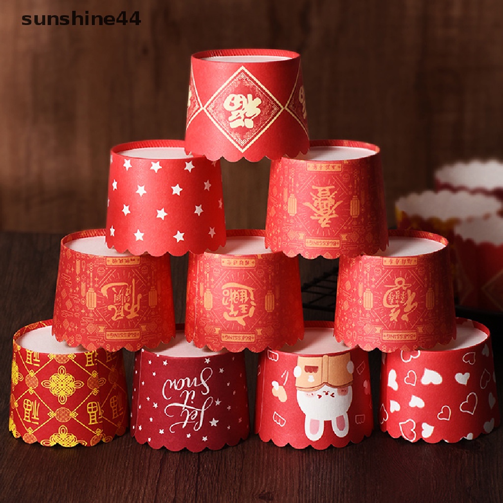 Sunshine 50Pcs Dekorasi Kue Imlek Pernikahan Ulang Tahun Spring Festival Pastry Cupcake Packaging Red Paper Cup.