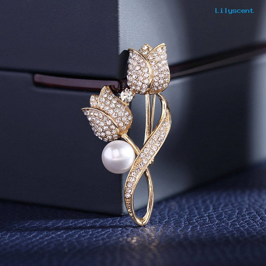 [LS] Lady Pin Berlian Imitasi Mutiara Imitasi Bentuk Tulip Shiny Women Brooch Untuk Prom