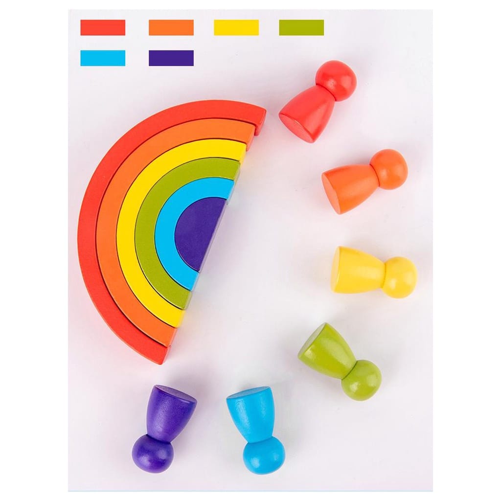 WE Mainan Montessori Wooden Rainbow Block + Peg Doll Balok Pelangi